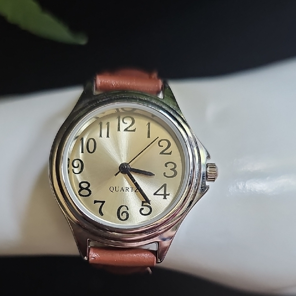 Silver Quartz Watch with Brown Leather Strap